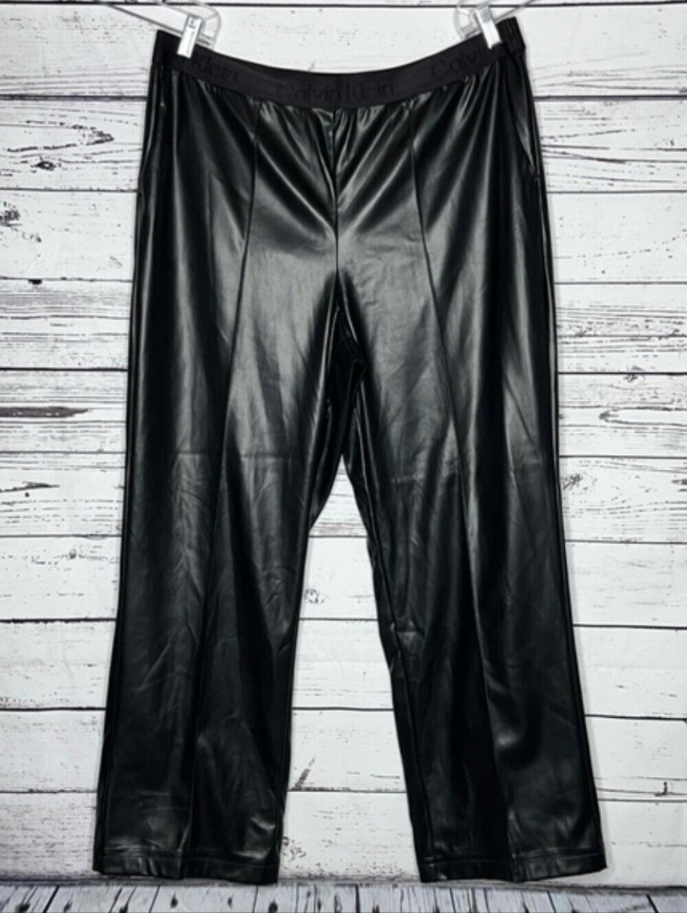 Calvin Klein Women's Size L Black Faux Leather Elastic Waistband Pants.